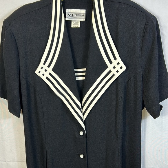S.L. Fashions Vintage Sailor Maxi Dress Size 18 Black and White Padded Shoulder - Picture 2 of 7